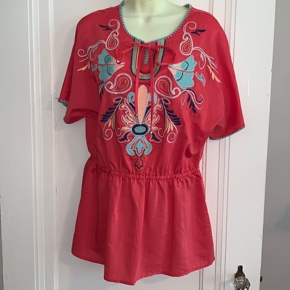 NWT Joy Joy salmon pink embroidered tunic blouse